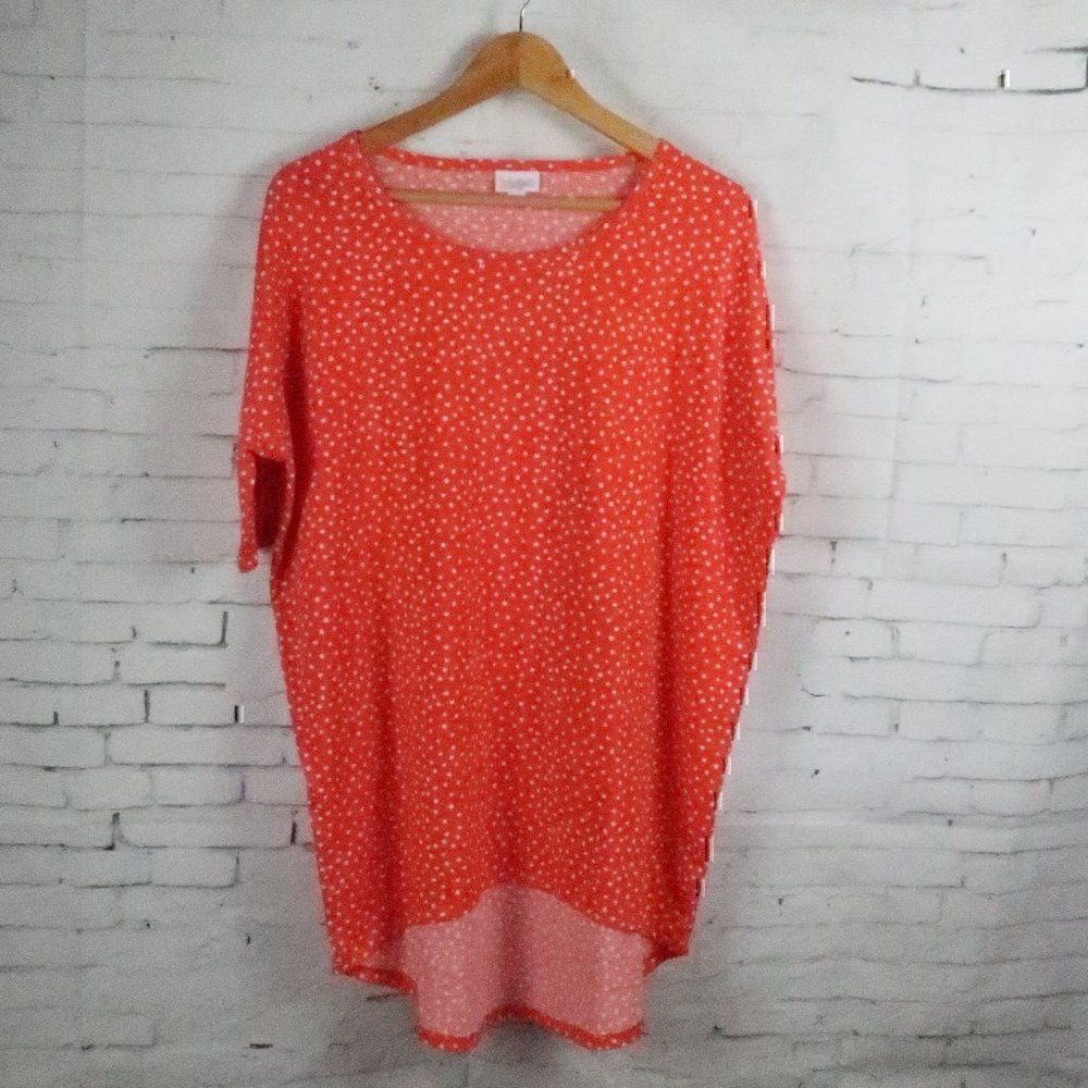 LULAROE ORANGE WITH WHITE POLKA DOT SHORT SLEEVE ROUND TUNIC TOP SIZE SMALL
